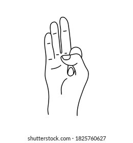 Mudra - Vayu. Hands vector illustration. Yogic hand gesture. Black and white linear style.