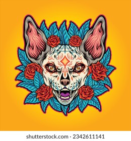 Muerte sphynx cat floral ornament vector illustrations for your work logo, merchandise t-shirt, stickers and label designs, poster, greeting cards advertising business company or brands