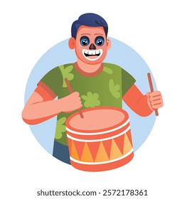 Muertos drummer beating drum with sticks illustration in flat style 