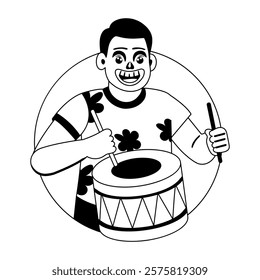 Muertos drummer beating drum with sticks illustration in glyph style 