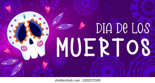 Muertos holiday poster, day dead with skull on purple background. Halloween costume. Cartoon vector illustration. Holiday  background. Mexico catrina skeleton poster.