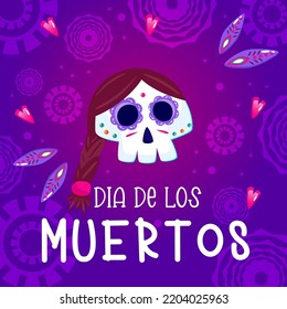 Muertos holiday poster, day dead with skull on purple background. Halloween costume. Cartoon vector illustration. Holiday  background. Mexico catrina skeleton poster.