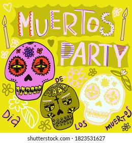 Muertos party poster, skeleton decorated with colorful Mexican elements and flowers. Fiesta, Halloween, holiday poster, party flyer. Vector illustration