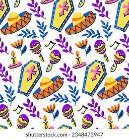 Muertos pattern with a coffin. The Feast of the Dead in Mexico.A coffin with maracas and a floral pattern. Floral seamless background. Seamless pattern for Halloween. Day of the Dead on White