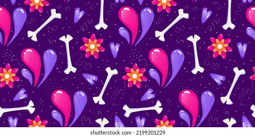 Muertos pattern with flower daisy and bone. Mexico day dead holiday. Floral skull face. Floral seamless background. Halloween seamless pattern. Purple background.