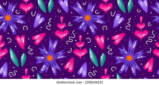 Muertos pattern with flower daisy and heart. Mexico day dead holiday. Floral skull face. Floral seamless background. Halloween seamless pattern. Purple background