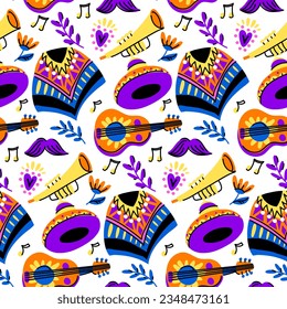 Muertos pattern with musical instruments. The Day of the Dead holiday in Mexico. Poncho, hat, guitar, mustache, pipe with notes and flowers. Seamless pattern for Halloween. Day of the Dead Festival