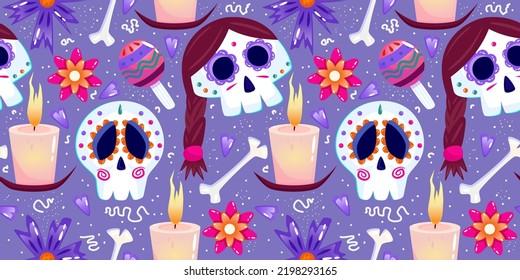 Muertos pattern with skull, candle and bone. Mexico day dead holiday. Floral skull face. Floral seamless background. Halloween seamless pattern. Purple background.