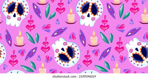 Muertos pattern with skull, candle and heart. Mexico day dead holiday. Floral skull face. Floral seamless background. Halloween seamless pattern. Pink background.