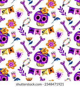 Muertos pattern with a skull. The Day of the Dead holiday in Mexico. A face in the form of a skull with a floral pattern. Floral seamless background. Seamless pattern for Halloween. Day of the Dead