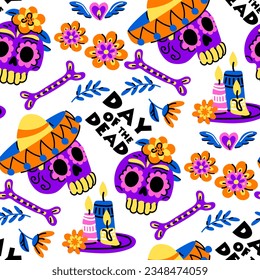 Muertos pattern with a skull. The Feast of the Dead on Mexico Day. A face in the form of a skull with a floral pattern. Floral seamless background. Seamless pattern for Halloween. Day of the Dead