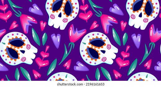 Muertos Muster mit Schädel. Mexikanische Tage toter Urlaub. Blumenschädel Bloraler, nahtloser Hintergrund. Halloween-nahtloses Muster. violetter Hintergrund