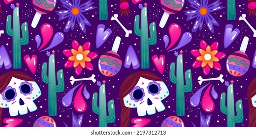 Muertos pattern with skull. Mexico day dead holiday. Floral skull face. Floral seamless background. Halloween seamless pattern. Purple background