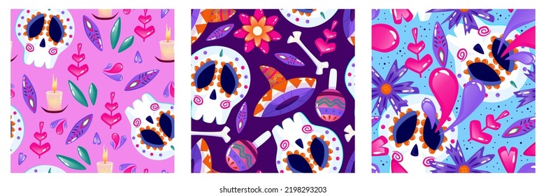 Muertos pattern with skull set. Mexico day dead holiday. Floral skull face. Floral seamless background. Halloween and traditional festival seamless pattern