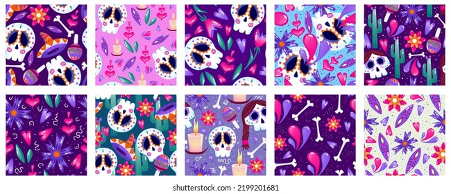 Muertos pattern with skull set. Mexico day dead holiday. Floral skull face. Floral seamless background. Halloween and traditional festival seamless pattern.