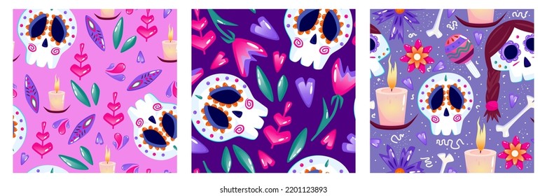 Muertos pattern with skull set. Mexico day dead holiday. Floral skull face. Floral seamless background. Halloween and traditional festival seamless pattern