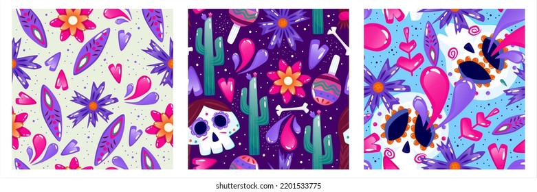 Muertos pattern with skull set. Mexico day dead holiday. Floral skull face. Floral seamless background. Halloween and traditional festival seamless pattern