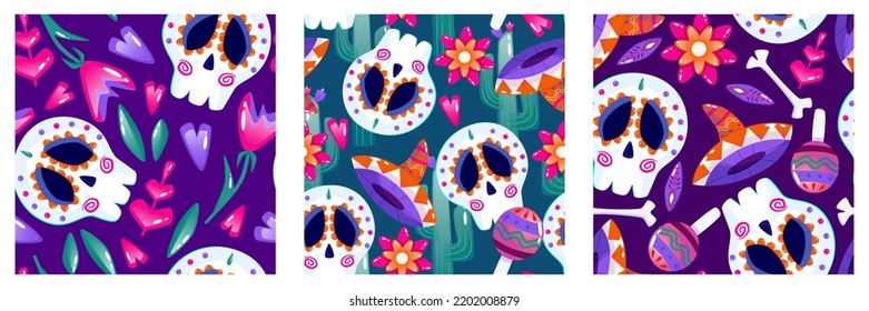 Muertos pattern with skull set. Mexico day dead holiday. Floral skull face. Floral seamless background. Halloween and traditional festival seamless pattern