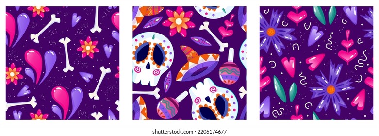 Muertos pattern with skull set. Mexico day dead holiday. Floral skull face. Floral seamless background. Halloween and traditional festival seamless pattern