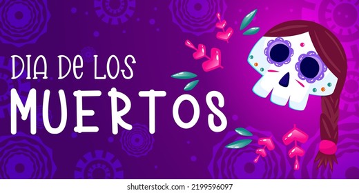 Muertos poster, day dead with skull on purple background. Halloween costume. Cartoon vector illustration. Holiday Muertos background. Mexico catrina skeleton poster.