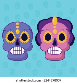 Muertos poster, day dead with skull on purple background. Halloween costume. Cartoon vector illustration. Holiday Muertos background. Mexico catrina skeleton poster.