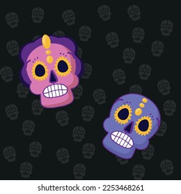 Cartel de Muertos, día muerto con el cráneo sobre fondo morado. Disfraz de Halloween. Ilustración vectorial de dibujos animados. Fondo de los Muertos de vacaciones. Afiche de la catrina de México.