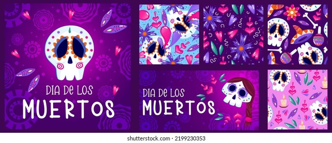 Muertos Plakatset, Tag tot mit Schädel auf violettem Hintergrund. Halloweenkostüm. Cartoon, Vektorgrafik. Holiday Muertos Hintergrund. Mexiko Katrina Skelett nahtlose Muster.