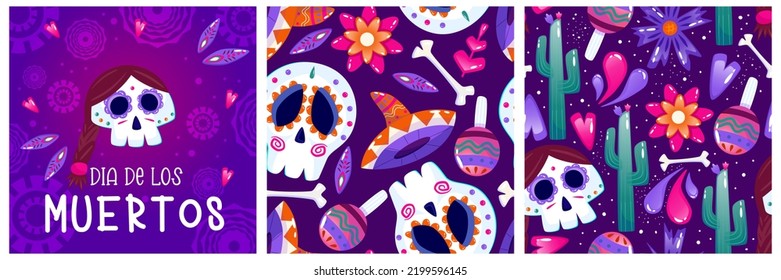 Cartel de Muertos puesto, día muerto con calavera sobre fondo morado. Disfraz de Halloween. Ilustración vectorial de dibujos animados. Fondo de los Muertos de vacaciones. Catrina de México esqueleto sin fisuras.