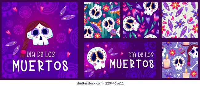 Muertos poster set, day dead with skull on purple background. Halloween costume. Cartoon vector illustration. Holiday Muertos background. Mexico catrina skeleton seamless pattern.