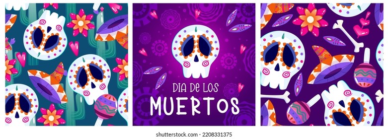 Cartel de Muertos puesto, día muerto con calavera sobre fondo morado. Disfraz de Halloween. Ilustración vectorial de dibujos animados. Fondo de los Muertos de vacaciones. Catrina de México esqueleto sin fisuras.