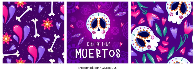 Muertos poster set, day dead with skull on purple background. Halloween costume. Cartoon vector illustration. Holiday Muertos background. Mexico catrina skeleton seamless pattern.