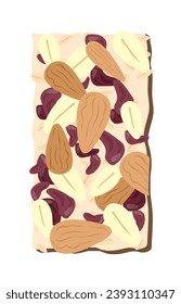 Muesli bar concept. Healthy and sweet eating. Fitness and active lifestyle. Chocolate with fruits and nuts. Poster or banner. Cartoon flat vector illustration isolated on white background