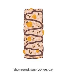 Muesli bar with dried fruit and caramel. Vector food illustration