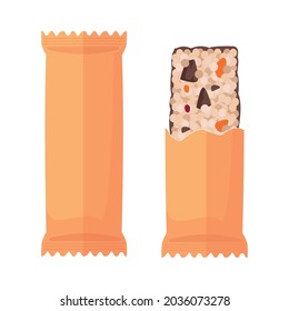 Muesli bar in eco paper packaging and without it, a healthy homemade snack with dark chocolate pieces, apricot and dried cherries. Organic vegan dessert in cartoon style without wrapper