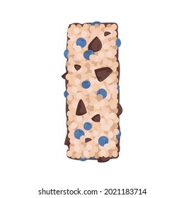 Muesli bar, a healthy homemade snack made from grains, blueberries, fruits and dark chocolate chunks. An organic dessert for vegans. Sports nutrition. Vector isolated on white background