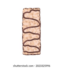 Muesli bar, a healthy homemade snack with a dark chocolate zigzag pattern. Organic vegan dessert in cartoon style without wrapper. Sports nutrition. Vector isolated on white background