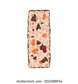 Muesli bar, a healthy homemade snack with dark chocolate chunks, apricot and dried cherries. Organic vegan dessert in cartoon style without wrapper. Sports nutrition. Vector isolated