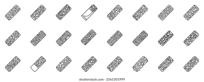 Muesli bar icons set. Cereal bars made with nuts, seeds, and other ingredients, showcasing different packaging options