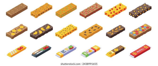 Muesli bar icons set isometric vector. Granola chocolate peanuts. Fruit organic