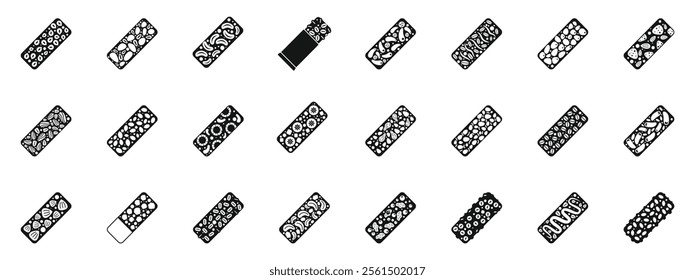 Muesli bar icons set. Various granola bars featuring diverse ingredients like nuts, seeds, and dried fruits, offering nutritious snack and breakfast choices