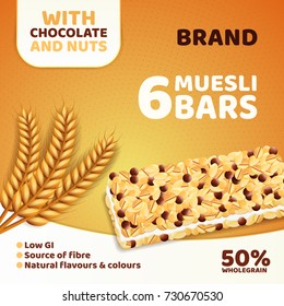 Muesli bars advertising. Healthy grain snack package design template. Vector illustration advertisement cover