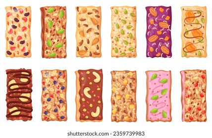 Muesli bars. Isolated granola bar with seeds nuts and dried fruits, protein cereal chocolate snack raw organic healthy food for athletes energy nutrition, neat vector illustration