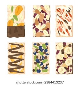 Muesli bars set. Healthy dessert and delicacy. Traditional morning eating with fruits. Chocolate with nuts, grape, banana and strawberry. Cartoon flat vector collection isolated on white background