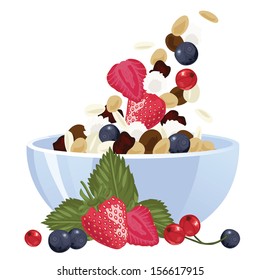 Muesli With Berries And Nuts Falling Down Into The Bowl