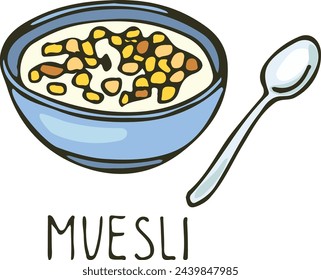 Muesli bowl color doodle. Breakfast meal icon