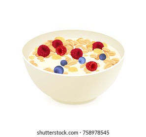 Muesli in a bowl with milk and fresh berries isolated on white