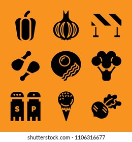 muesli, close up, dinner, garlic, frozen and nature icon vector set. Flat vector design with filled icons. Designed for web and software interfaces