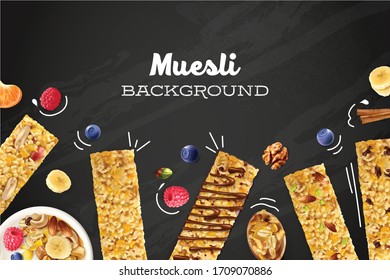 Muesli colored background with realistic images of oat cereals and bars with blueberries and raspberries on chalkboard vector illustration