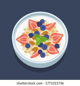 Muesli fruits  healthy natural breakfast. Oat flakes in a bowl with blueberries, strawberries and granola. Healthy food for breakfast.