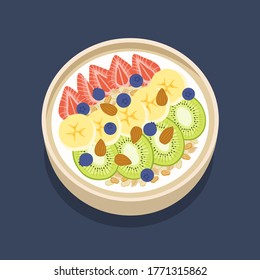 Muesli fruits  healthy natural breakfast. Oat flakes in a bowl with blueberries, strawberries, banana and kiwi. Healthy food for breakfast.